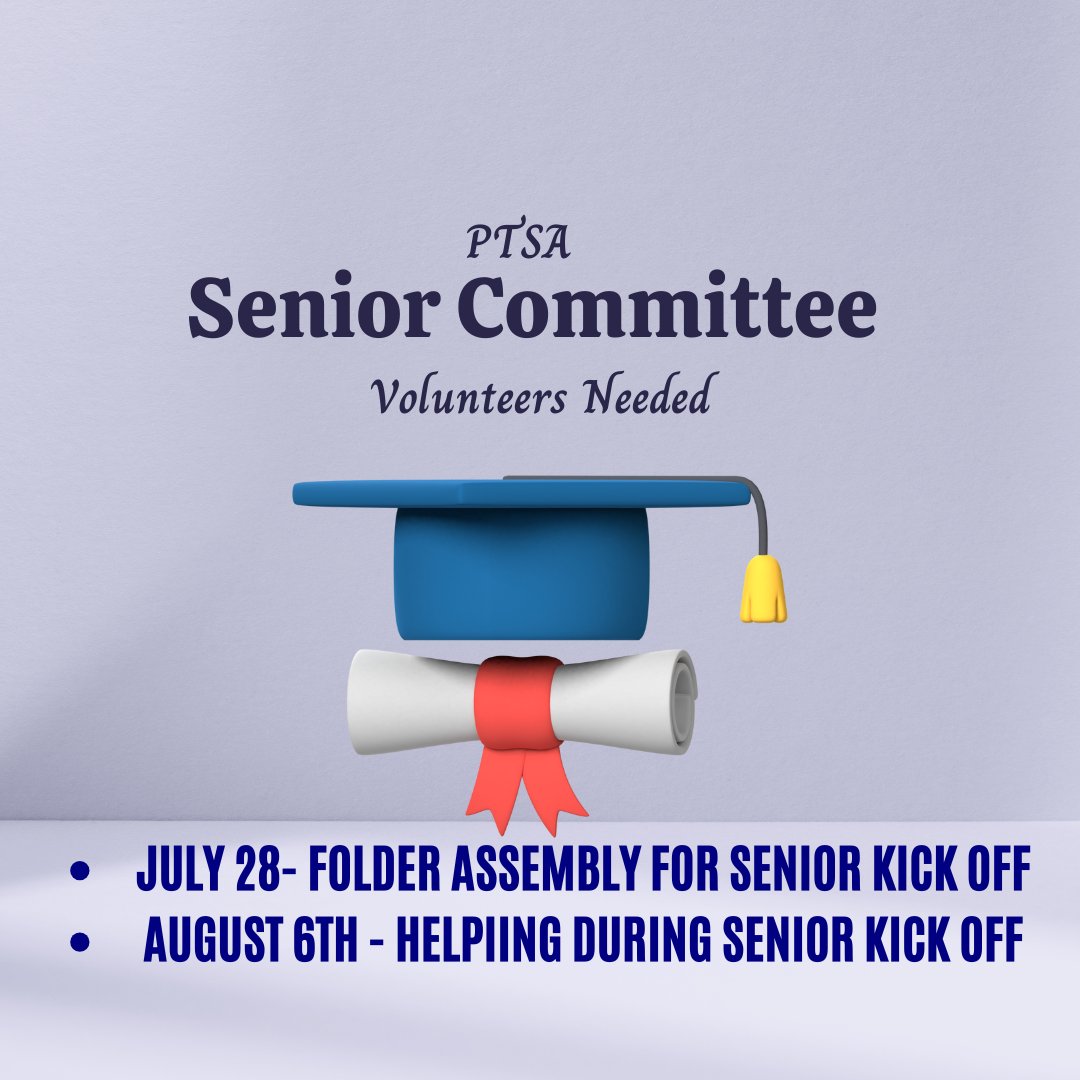 Support our 2026 Seniors! Volunteer opportunities available. July 28: Assemble Senior Kick Off folders (9am-12pm). Aug 6: Serve during Senior Kick Off (9:30am-11:30am). Sign up: tinyurl.com/MHSPTSASUG. Want to do more? Contact Senior Committee Chairs.