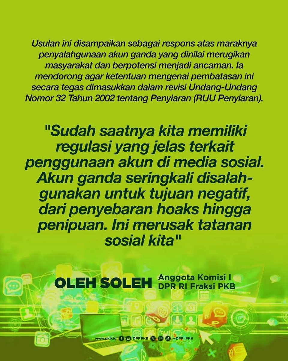 Lebah PKB, Oleh Soleh dorong agar pembatasan akun ganda masuk dalam revisi RUU Penyiaran, karena kerap disalahgunakan untuk menyebar hoaks hingga penipuan, sehingga dibutuhkan regulasi yang tegas demi menjaga keamanan dan etika ruang digital kita.

#RUUPenyiaran
#AkunGanda