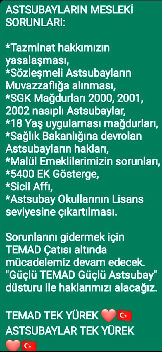 #temadmeydanlarainiyor

TEMAD ÇATISI ALTINDA Amasız Fakatsız Hep birlikte güçlüyüz.

#AstsubaylarınTazminatı 
#AstsubaylarınHakları 

#TEMADTEKYÜREK 
#AstsubaylarTekYürek 
#GüçlüTemadGüçlüAstsubay 

🧿♥️🇹🇷