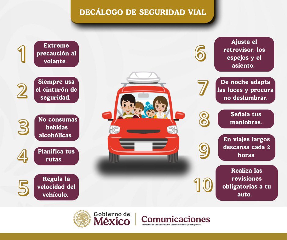 🚗 Antes de salir a carretera, recuerda que la seguridad vial es responsabilidad de todas y todos.

En el Centro #SICTOaxaca te invitamos a consultar y aplicar el Decálogo de Seguridad Vial, una guía indispensable para un viaje seguro. 🛣️

#VacacionesSeguras #SeguridadVial