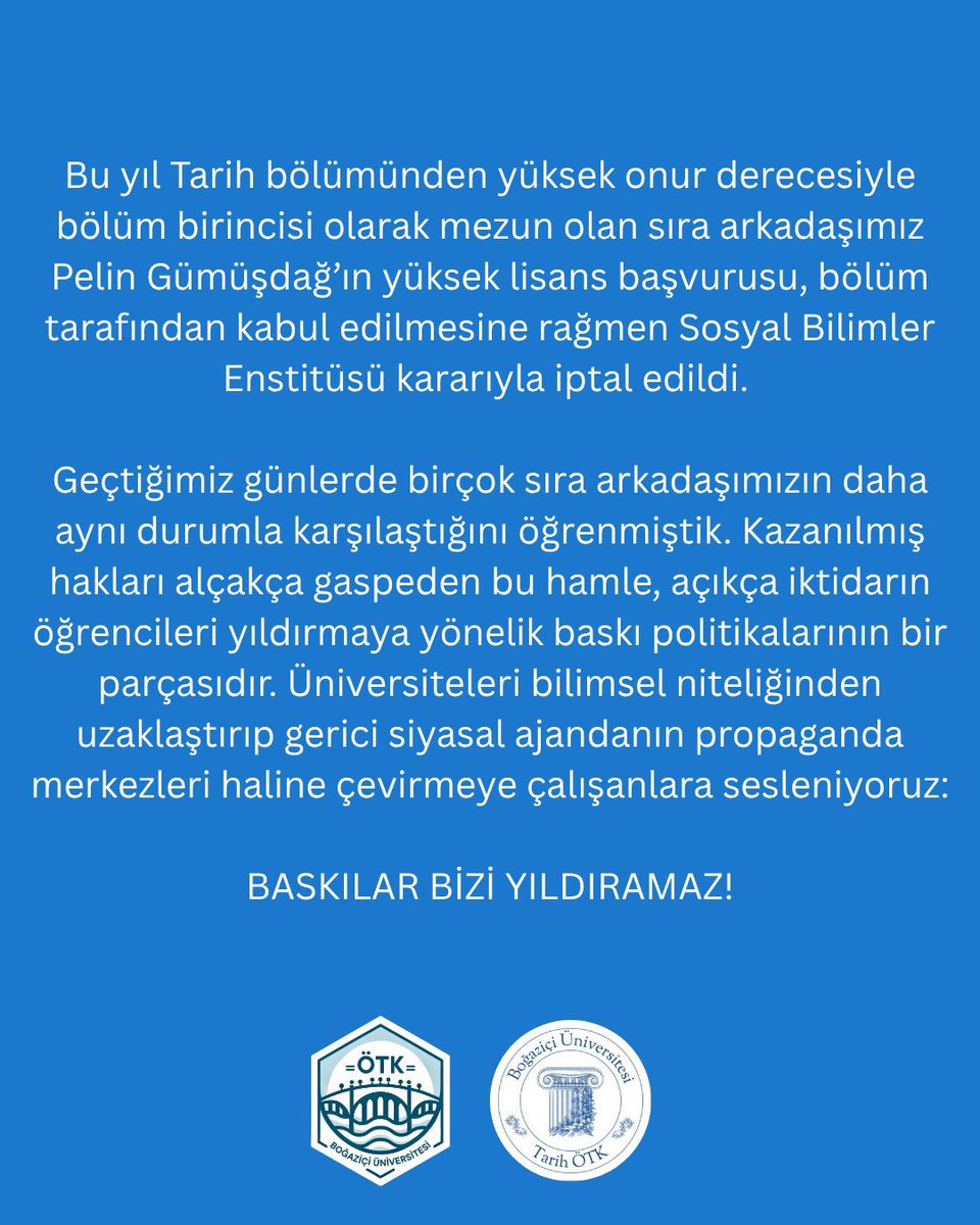 bounhist's tweet image. Yüksek onur derecesiyle bölüm birincisi olarak mezun olan sıra arkadaşımız Pelin Gümüşdağ’ın yüksek lisans kabulü iptal edildi.