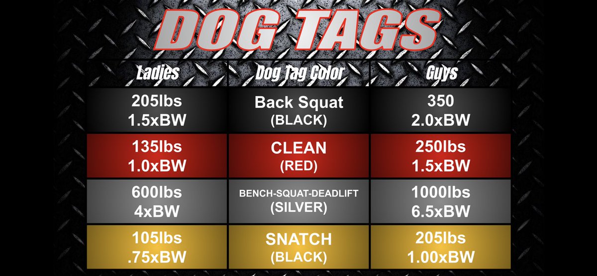 We use Dog Tags as an incentive for notable achievements! Silicone for Speed (MPH). Metal for Barbell Movements.