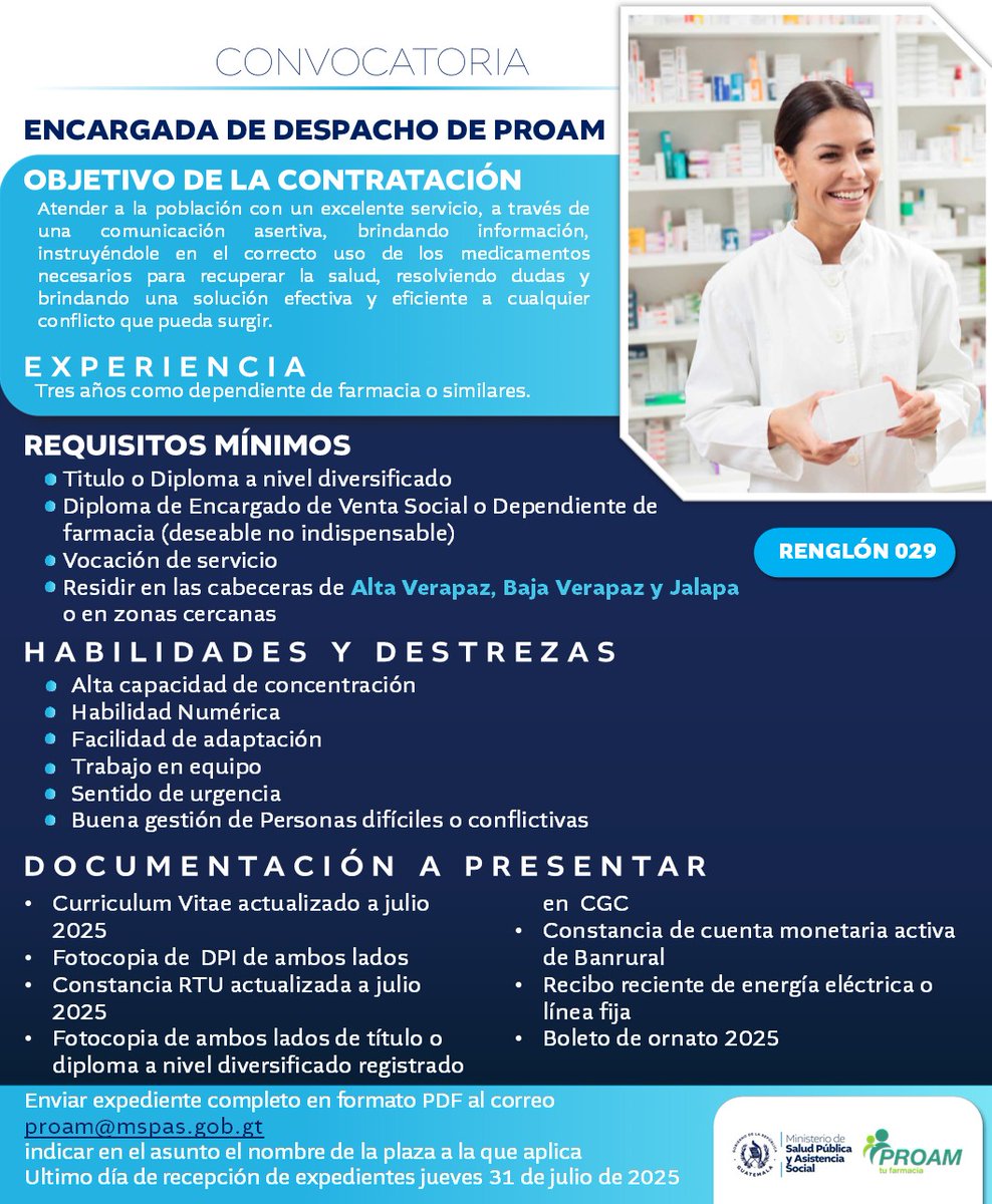 MinSaludGuate's tweet photo. 📣 ¡Oportunidades laborales disponibles!
El Programa de Accesibilidad a Medicamentos @proamgt  está en busca de personal comprometido para fortalecer sus equipos en 𝗔𝗹𝘁𝗮 𝗩𝗲𝗿𝗮𝗽𝗮𝘇, 𝗕𝗮𝗷𝗮 𝗩𝗲��𝗮𝗽𝗮𝘇 𝘆 𝗝𝗮𝗹𝗮𝗽𝗮. 🗂️💼
📌 Plazas disponibles:
🔹Encargada de cobros
🔹 Encargada de despacho
📅 Última fecha de recepción de expedientes: jueves 31 de julio de 2025
📩proam@mspas.gob.gt

¡Sé parte del fortalecimiento de la red pública de salud!

#ConvocatoriaMSPAS