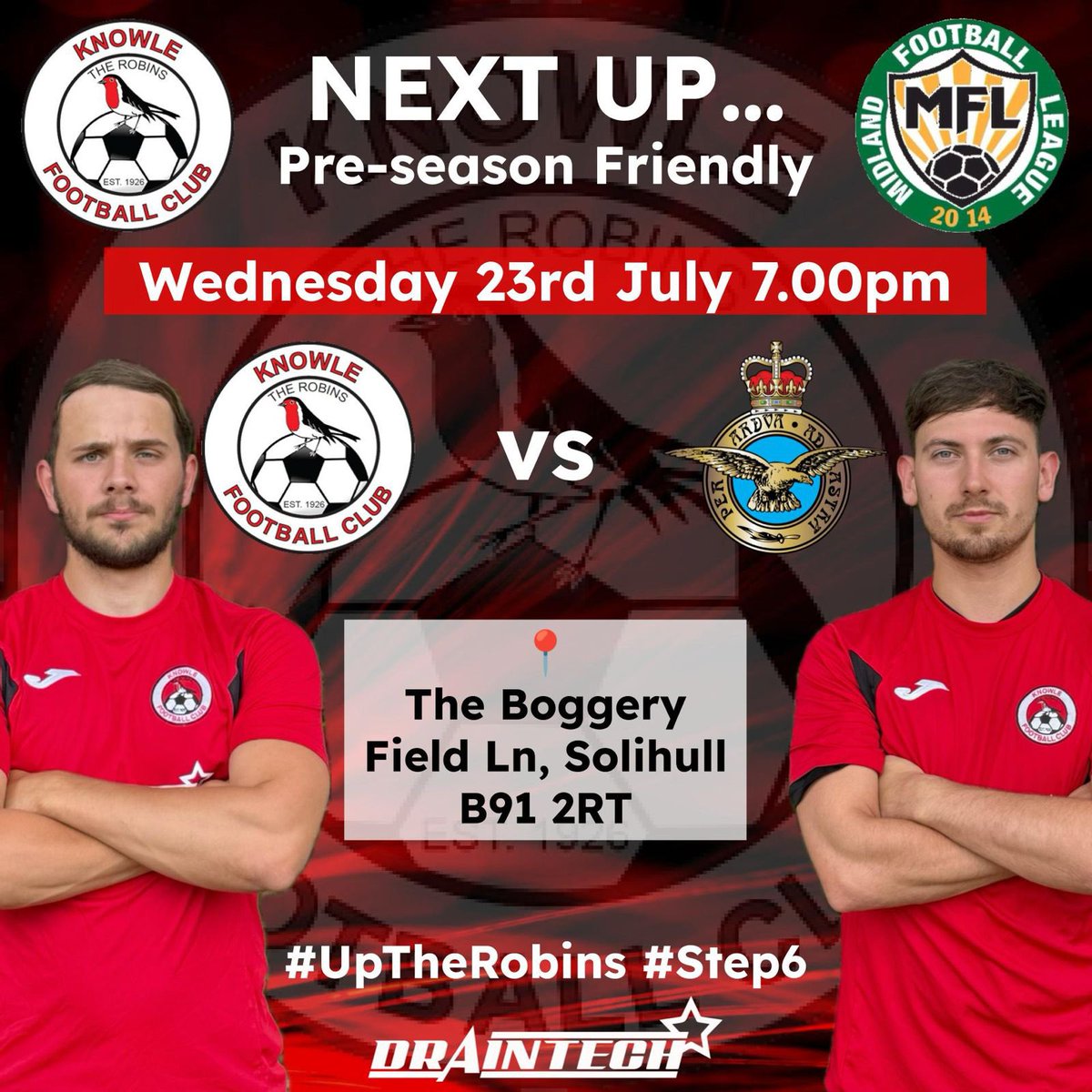 Knowle_FC's tweet image. 📆 Next Up: Pre-Season Friendly 4
⚽️ Knowle FC vs Royal Air Force
📍 Hampton FC – The Boggery, Field Lane, Solihull, B91 2RT
🕖 Wednesday 23rd July | 7:00pm KO
🎟 Free of charge
Thank you to all at @hampton_fc for hosting the game 👏⚽️
The bar will be open! 🍻
#UpTheRobins
