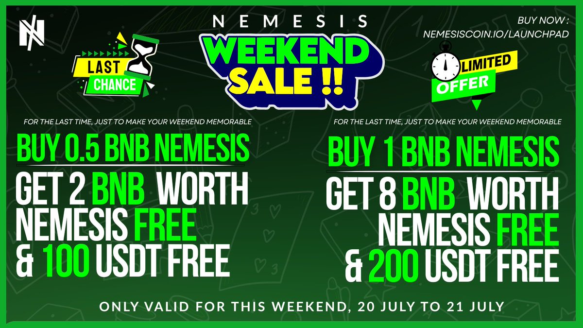 🚨 WEEKEND SALE IS LIVE 🚨
📣 Your LAST chance to grab $NEMESIS before presale closes!
🔥 Buy 0.5 BNB = Get 2 BNB worth $NEMESIS + 100 USDT
🔥 Buy 1 BNB = Get 8 BNB worth $NEMESIS + 200 USDT

⏳ For Limited Holders Only — This Weekend ONLY!
👉 nemesiscoin.io/launchpad