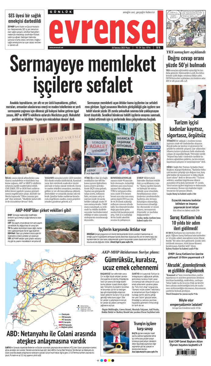 📰Sermayeye memleket işçiye sefalet

Anadolu topraklarını, yer altı ve yer üstü kaynaklarını, gölleri, meraları, ormanları uluslararası enerji ve maden tekellerinin ve yerli sermayenin yağması için dikensiz gül bahçesi haline getiren işgal yasası, AKP ve MHP’li vekillerin