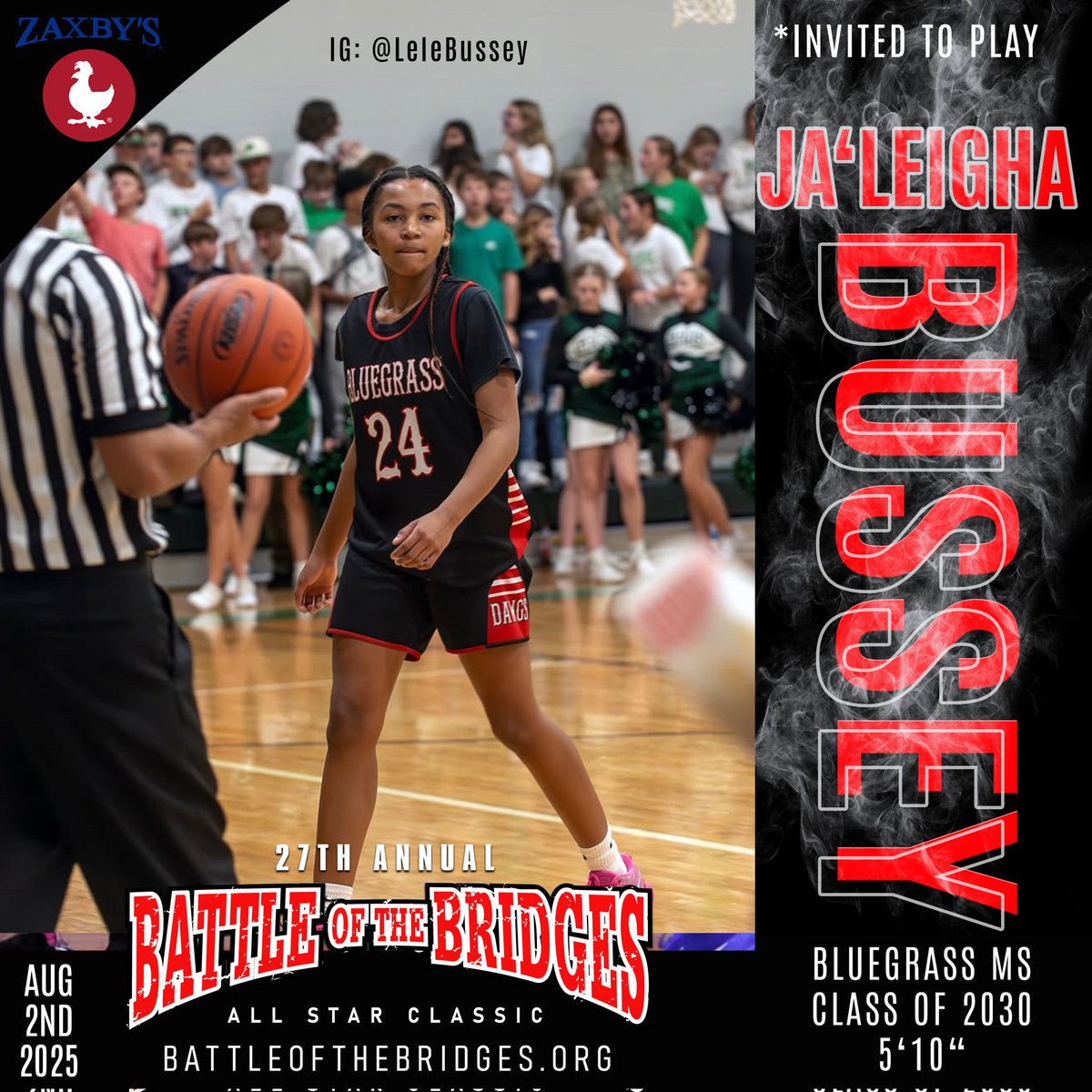 Gary Darby (@teamhoopsdotcom) on Twitter photo JA'Leigha Bussey 5'10" 2030
Bluegrass MS IG LeleBussey
Battle 2025 Hotline
502-819-HOOP(4667)
battleofthebridges.org
<a href="/joshcookNT/">Josh Cook</a> <a href="/brittdelbarba/">Britt Del Barba</a> <a href="/FocusProgoggles/">TheFocusPro</a> <a href="/KendrickHaskins/">Kendrick HaskinsWave</a> <a href="/KevinHarris_IU/">Kevin Harris</a> <a href="/TomLaneWDRB/">Tom Lane</a> <a href="/riseupsports1/">Rise Up Sports Media</a> <a href="/Zaxbys/">ZAXBYS</a> <a href="/sports_cj/">Courier Journal Sports</a> <a href="/ADChernoff/">Andrew Chernoff - WISH-TV</a> <a href="/BenPeineWeather/">Ben Peine</a> JA'Leigha Bussey 5'10" 2030
Bluegrass MS IG LeleBussey
Battle 2025 Hotline
502-819-HOOP(4667)
battleofthebridges.org
<a href="/joshcookNT/">Josh Cook</a> <a href="/brittdelbarba/">Britt Del Barba</a> <a href="/FocusProgoggles/">TheFocusPro</a> <a href="/KendrickHaskins/">Kendrick HaskinsWave</a> <a href="/KevinHarris_IU/">Kevin Harris</a> <a href="/TomLaneWDRB/">Tom Lane</a> <a href="/riseupsports1/">Rise Up Sports Media</a> <a href="/Zaxbys/">ZAXBYS</a> <a href="/sports_cj/">Courier Journal Sports</a> <a href="/ADChernoff/">Andrew Chernoff - WISH-TV</a> <a href="/BenPeineWeather/">Ben Peine</a>