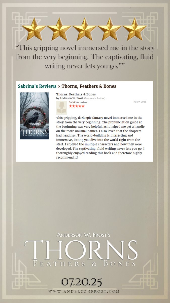AndersonWFrost's tweet image. Tomorrow, find out why advanced readers agree: Epic Dark Fantasy, is so, back. #booktwt #ThornsFeathersandBones