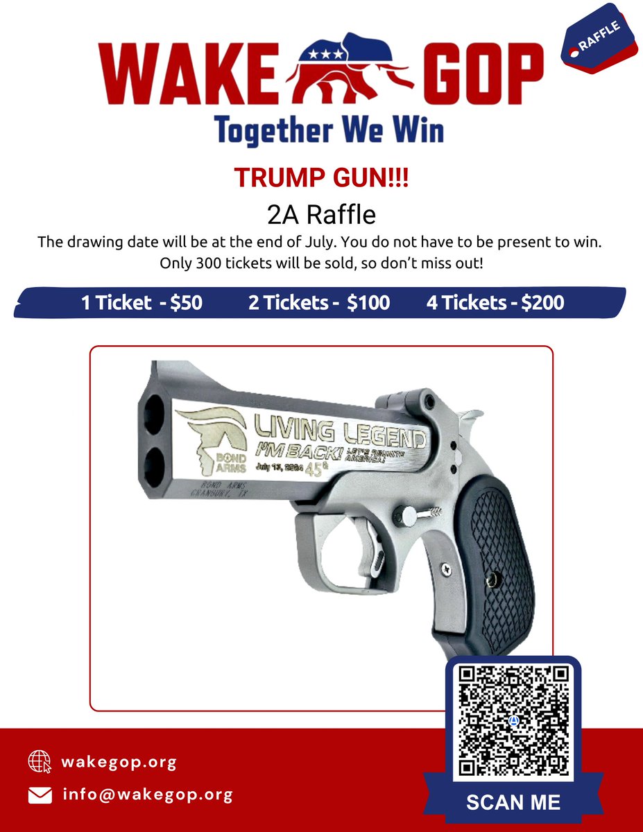 wakegop's tweet image. Don't miss it! Only 12 days until the Trump Gun Raffle Drawing. Donate for your chance to win at the Wake County Young Republicans meeting on July 31! - mailchi.mp/wakegop/dont-m…