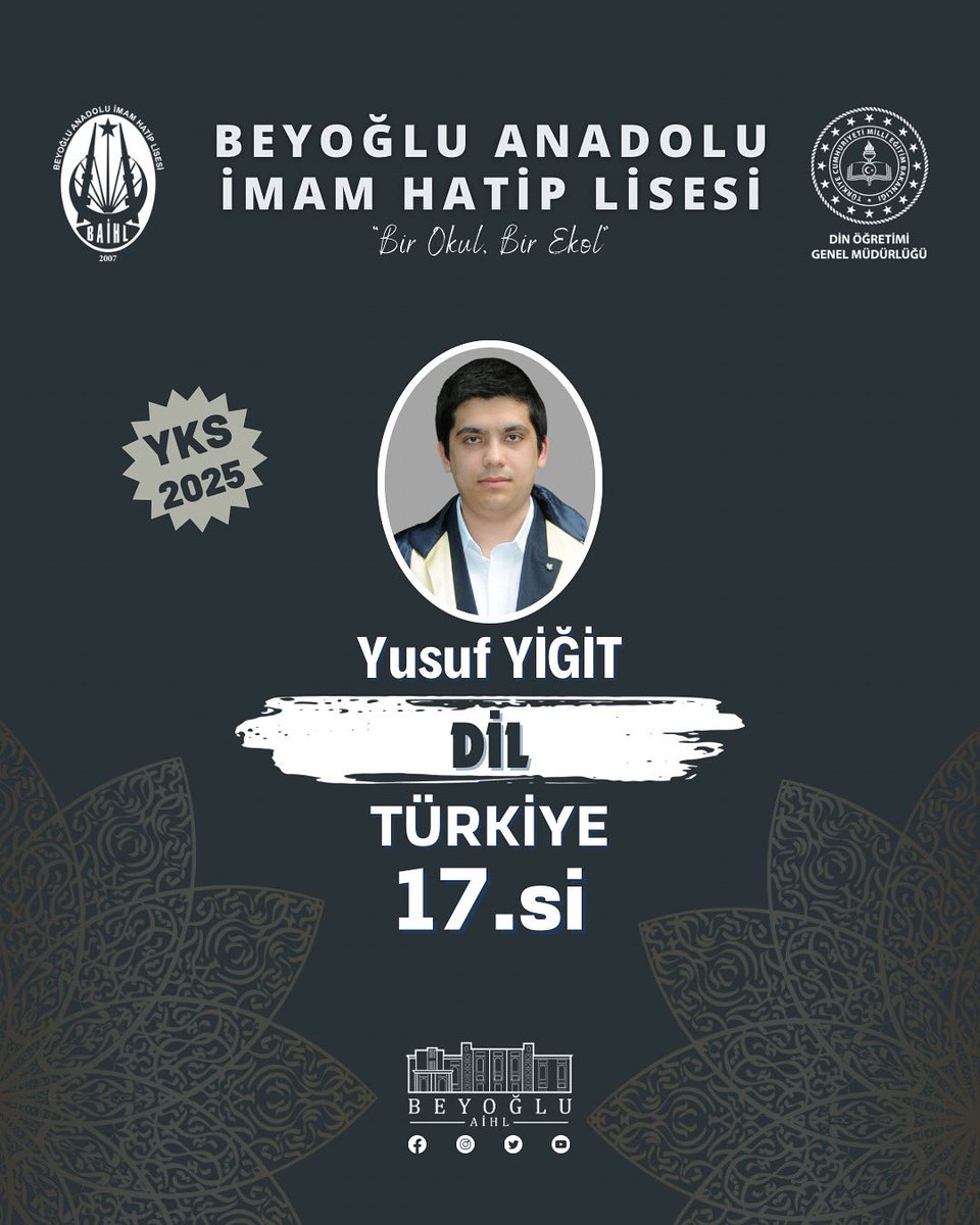beyogluaihl's tweet photo. Gururumuz!

YKS 2025’te gösterdiği üstün başarıyla okulumuzu en iyi şekilde temsil eden öğrencimizi, öğretmenlerimizi ve ailelerimizi tebrik ediyor, öğrencimizin başarılarının devamını diliyoruz. 💫

@tcmeb @nazifyilmaz06 @mebdogm @tc_beyoglu https://t.co/r5H5ea0455