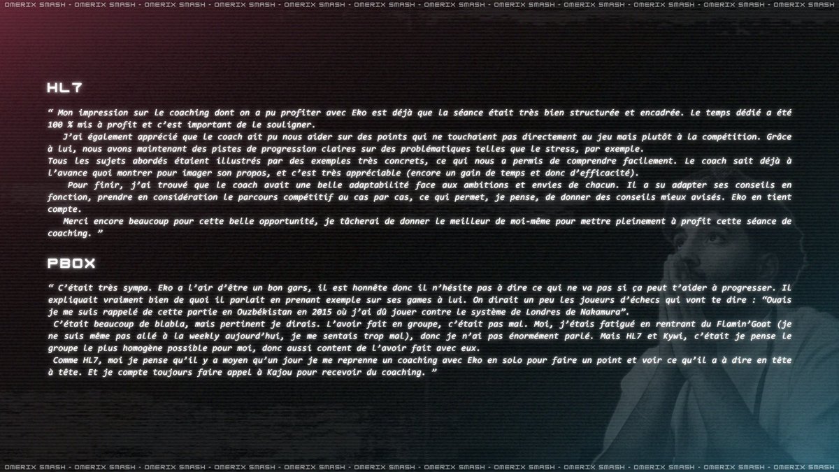 OmerixEsport's tweet image. Retours des joueurs sur un week-end d’exception avec @eko_smash ! ✨

Nos joueurs #SSBU ont eu la chance d’être coachés par Eko le week-end dernier !

Structuré, centré sur le mental comme sur le jeu, ce coaching a ouvert de nouvelles perspectives à chacun.

Voici leurs retours :