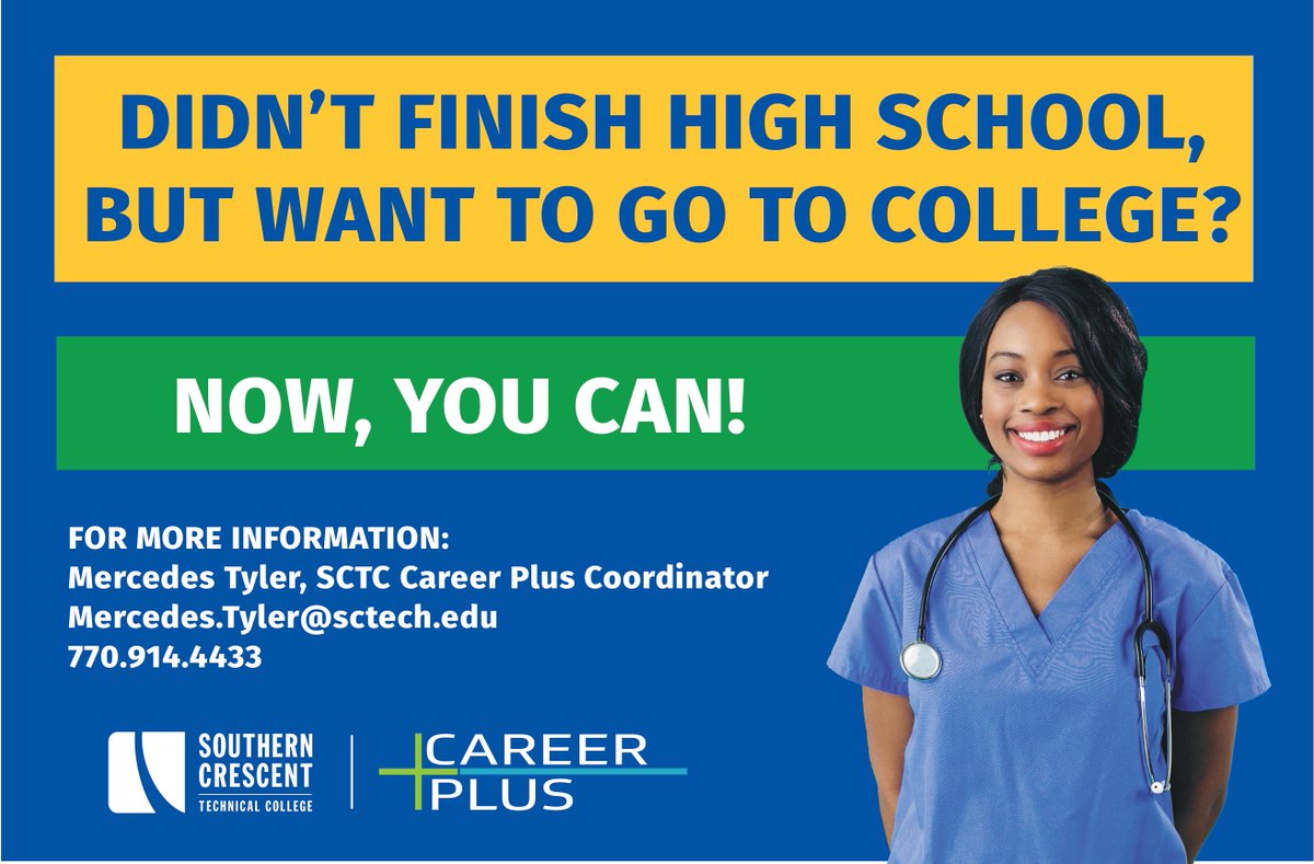 Southern Crescent (@socrescenttech) on Twitter photo Didn't finish high school, but want to go to college? Now you can!
Earn your high school diploma and take college credit through the Career Plus program. Visit sctech.edu/careerplus for more information or contact mercedes.tyler@sctech.edu or 770-914-4433 for information! Didn't finish high school, but want to go to college? Now you can!
Earn your high school diploma and take college credit through the Career Plus program. Visit sctech.edu/careerplus for more information or contact mercedes.tyler@sctech.edu or 770-914-4433 for information!