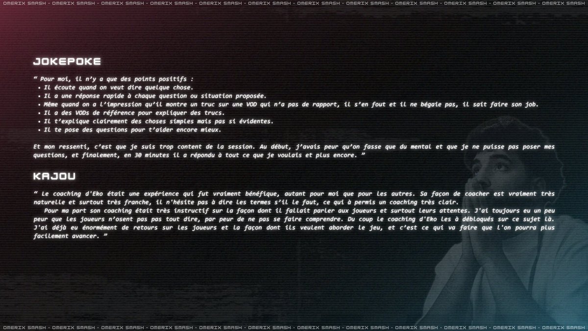 OmerixEsport's tweet image. Retours des joueurs sur un week-end d’exception avec @eko_smash ! ✨

Nos joueurs #SSBU ont eu la chance d’être coachés par Eko le week-end dernier !

Structuré, centré sur le mental comme sur le jeu, ce coaching a ouvert de nouvelles perspectives à chacun.

Voici leurs retours :