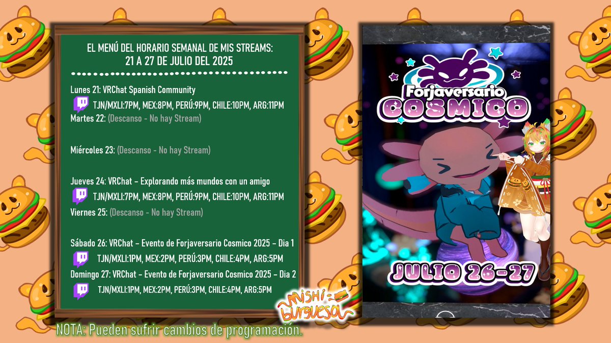 Michiburgesa64's tweet image. Aqui actualizo de una vez el horario semanal de mis stream, porque tengo cosas que hacer para este fin de semana. Esta semana va ver 4 stream, y tambien voy hacer el stream el sabado y domingo (en la otra semana), por el evento de forjaversario. ¡Asi que saludos, Meow!