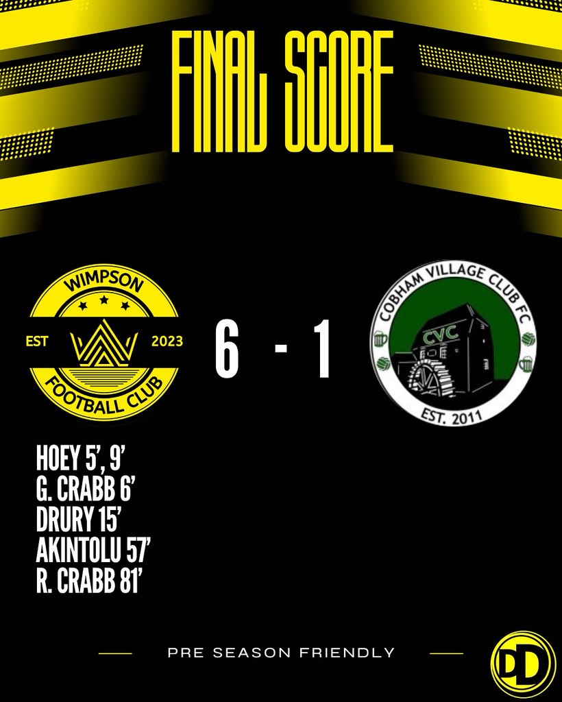 WimpsonFC's tweet photo. 🟡⚫️FINAL SCORE⚫️🟡

After 14 months away we returned to action this afternoon with a commanding 6-1 victory to open up our pre season campaign! 

Thank you to @CVCFootballClub for making the trip today. Great bunch of lads and we’ll see you for the return fixture next season🤝 https://t.co/V6WWiKgmuC