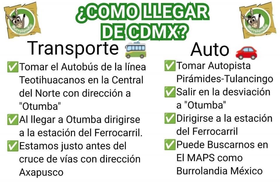 ¿COMO LLEGAR A BURROLANDIA DESDE CDMX? 🤔🚗🚍

Aquí te decimos como 😊👇🏻

#unetealproyectoderescatedelburritomexicano 
Burrolandia México, #Aquenoteaburres!!!