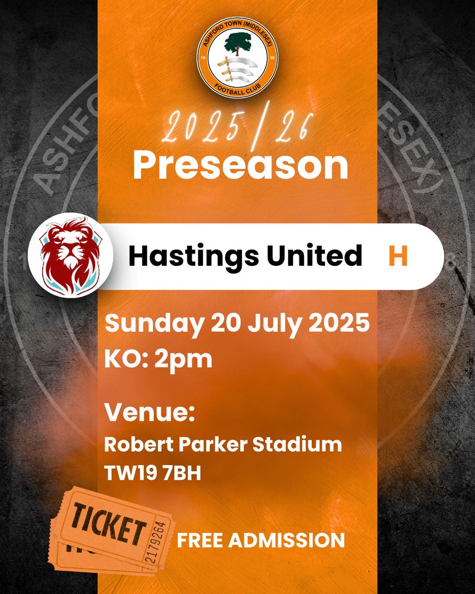 AshfordTownWFC's tweet image. Preseason starts tomorrow!!
Let's go 👊 🍊
🆚 @HastingsUFCW
🏆 Preseason Friendly
📅 Sun 20 Jul 2025
🕢 KO 2pm
🏟️ RPS, TW19 7BH
🎟️ Free Admission
🔗 ashfordtownmiddlesexfc.com/events/ashford…