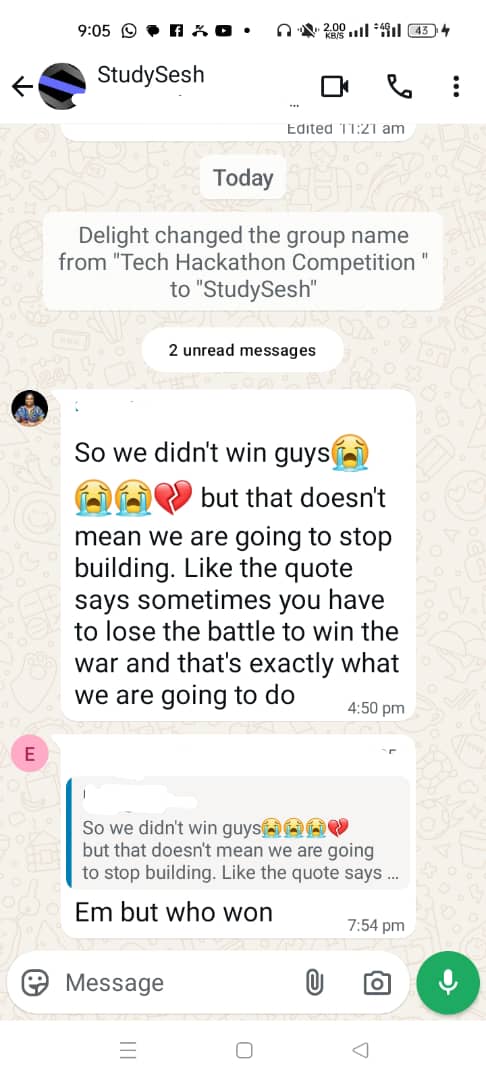 Uche (@havilah2) on Twitter photo My Son participated in a Hackathon and didn't win. I just saw the message he left for his team (while we were driving back home) and I feel so proud RN. Lol. 
He had built an AI enabled group study platform for students. My Son participated in a Hackathon and didn't win. I just saw the message he left for his team (while we were driving back home) and I feel so proud RN. Lol. 
He had built an AI enabled group study platform for students.
