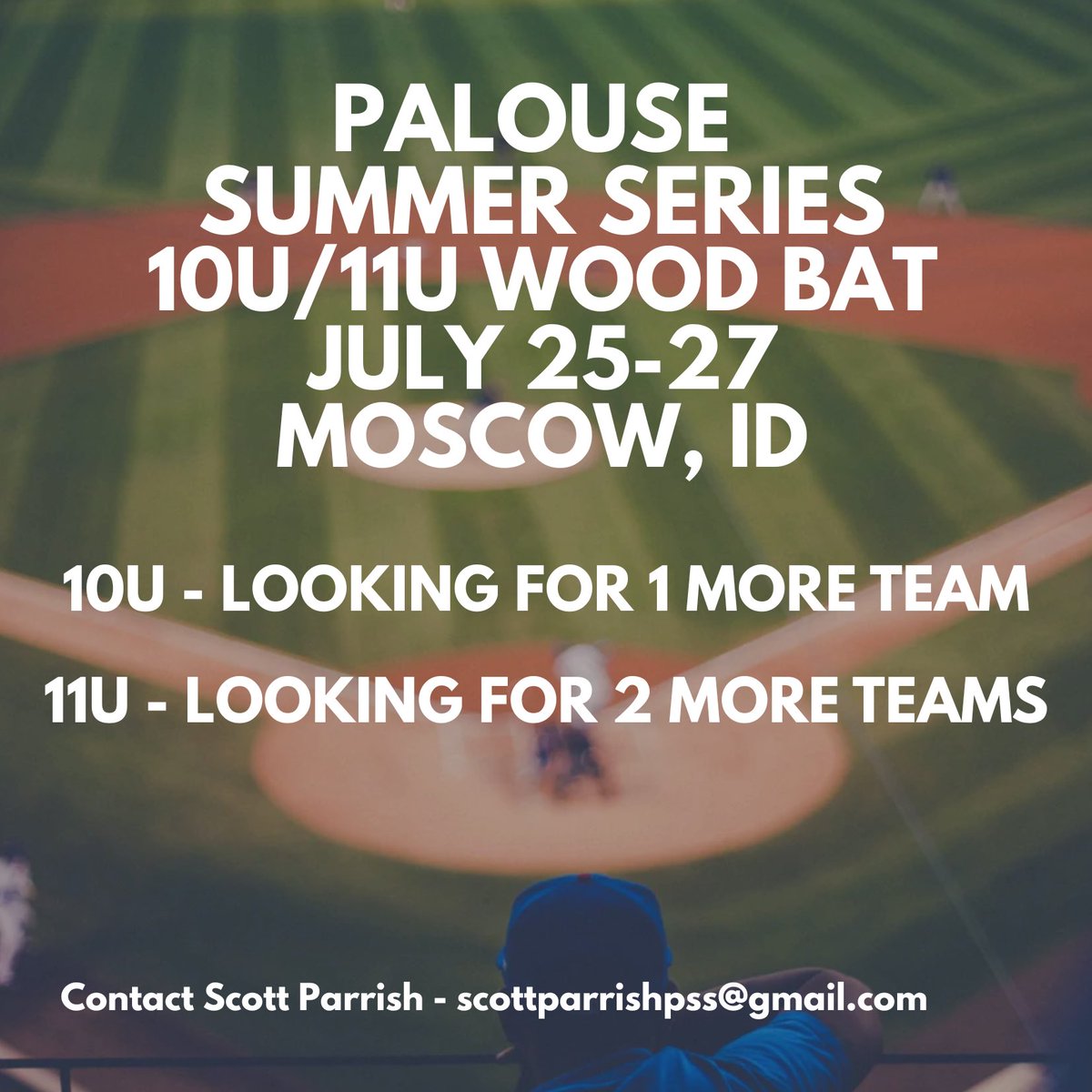 One final push for our July 25-27 wood bat event. Email if interested and I can share team lists as well. Looking to get to 8 for each age group.