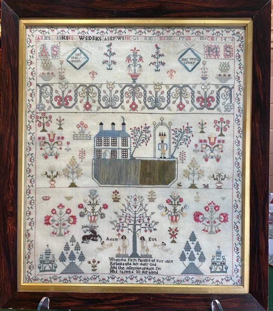 This very fine Scottish sampler retains its lovely original colours. Jean Smith completed her charming sampler on 16 May 1807. She included a wide variety of motifs and her family members' initials at the top of the sampler