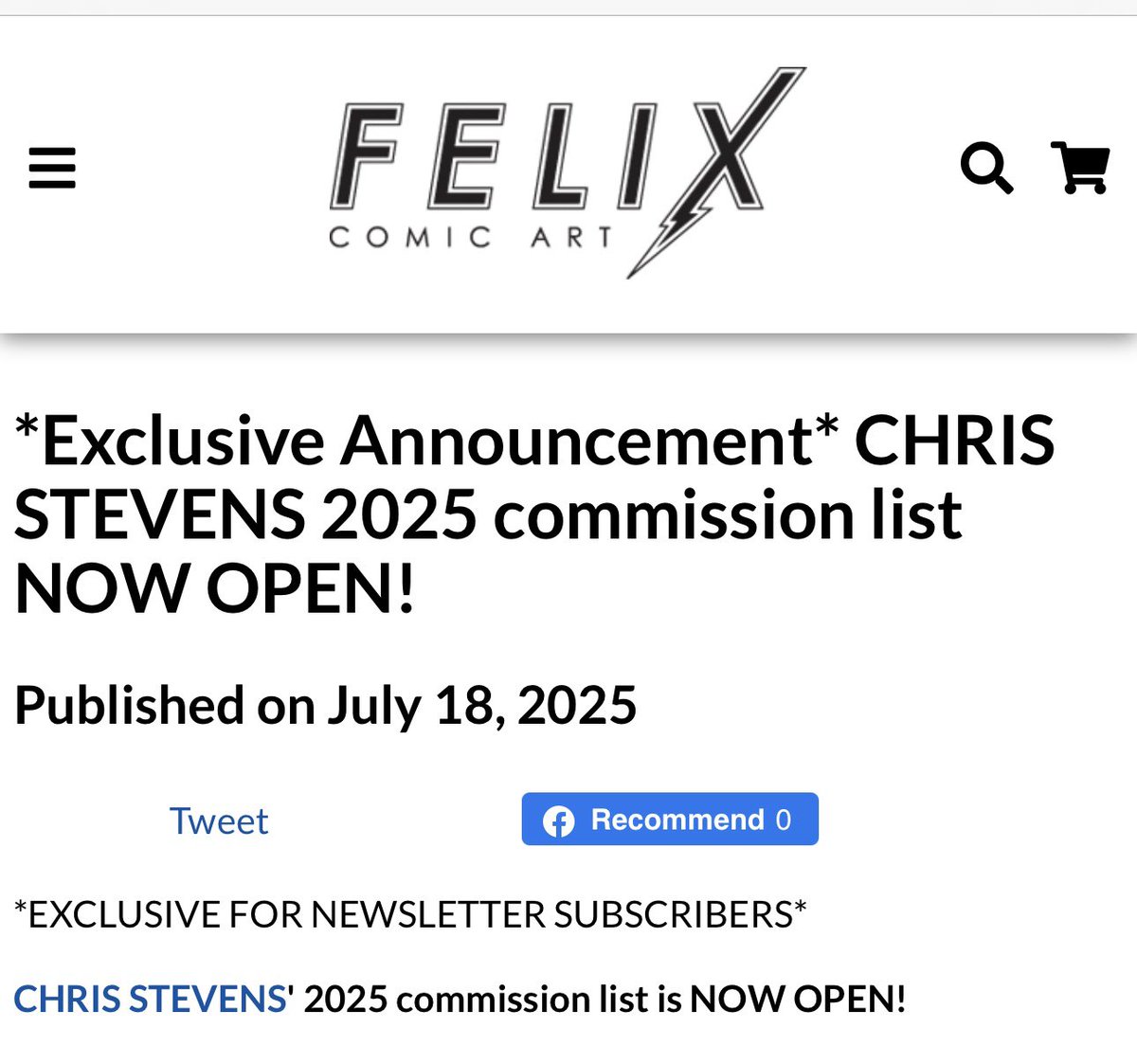 FelixComicArt's tweet image. We opened up CHRIS STEVENS’ 2025 commission list yesterday EXCLUSIVELY for newsletter subscribers…and once again, it’s an instant sellout! ALL spots filled…including 24x36 Mega Wall Power! Can’t wait to share! Keep following to witness Stevens wizardry! felixcomicart.com