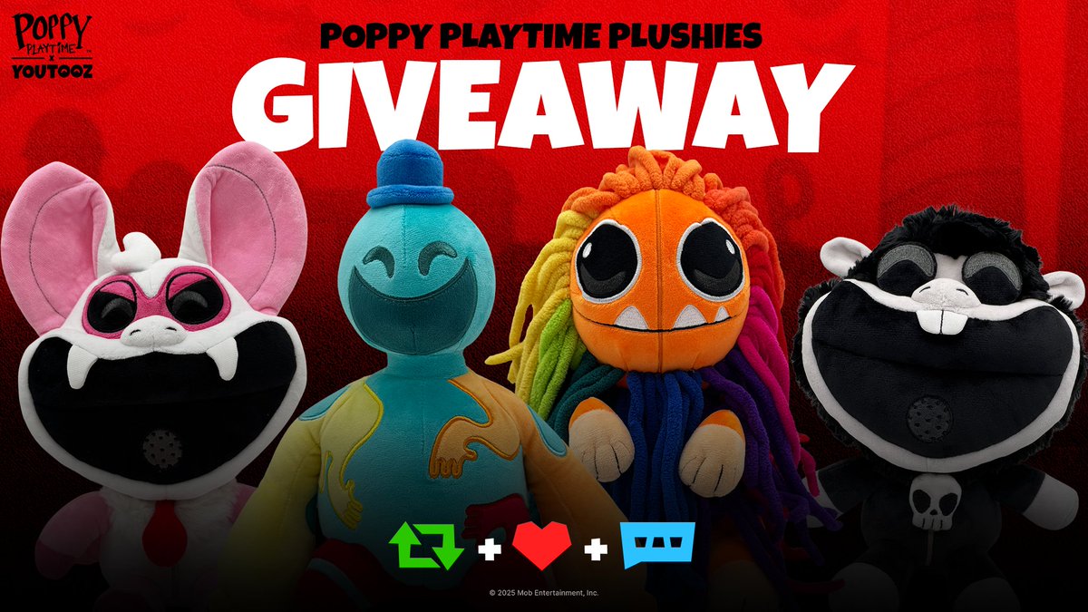poppy playtime plushie giveaway 😈 

to win all 4 plushies dropping tuesday retweet &amp; like this post then comment POPPYPLAYTOOZ 🦇 no limits on entries 

3 winners announced july 22nd when the collection drops 🫡 goodluck!
