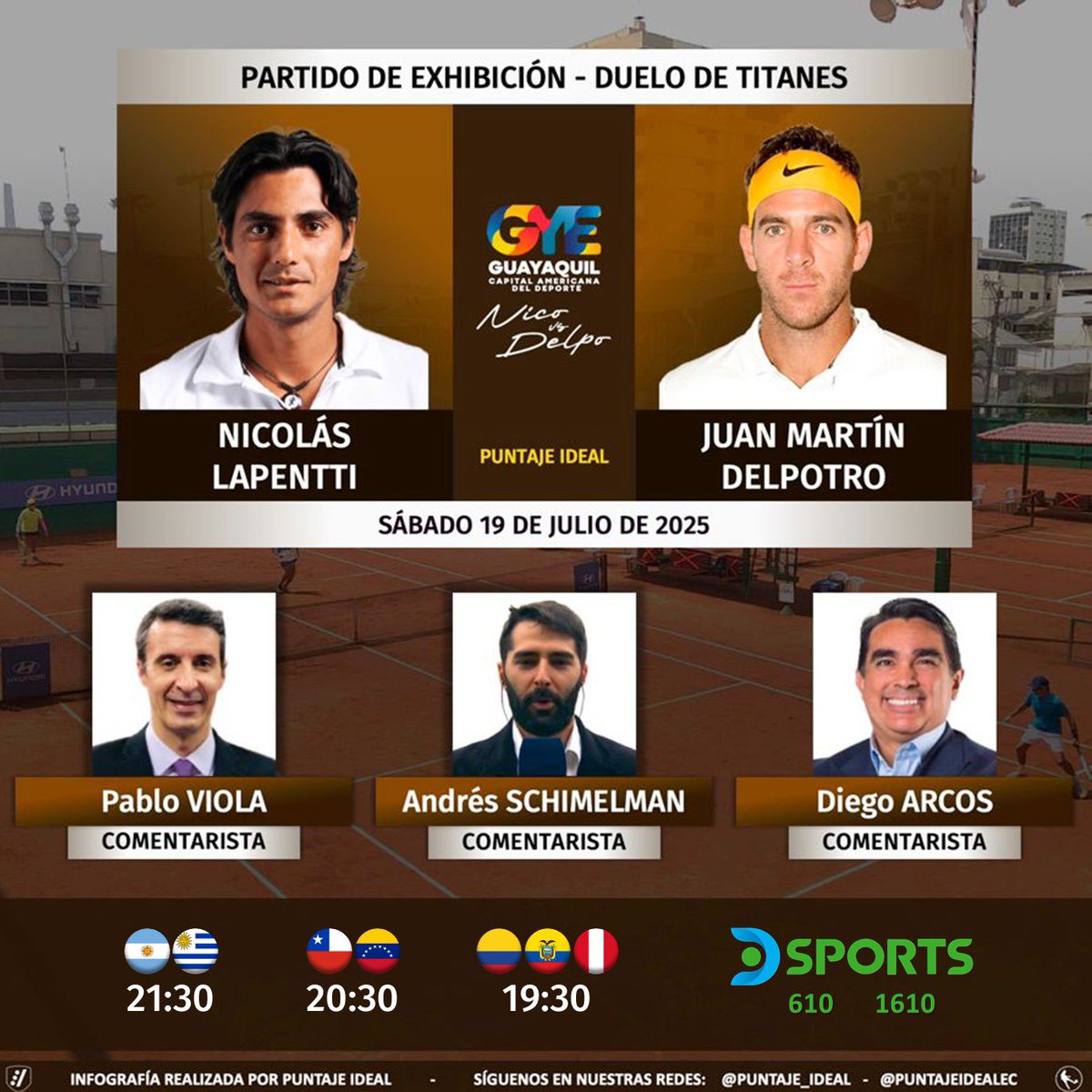 PuntajeIdealEC's tweet photo. 🎾 #DueloDeTitanes | 🇪🇨 @nicolapentti vs. @delpotrojuan 🇦🇷
🎙 Comentaristas: @pviola14 - @andischimelman - @DiegoArcos14 
📺 @DSports (610-1610) Sudamérica
💻📱 @DGO_Latam 
🤳 #TenisEnDSports - #Delpo - #Lapentti 
Dale RT 🔃 https://t.co/WYmy96xcrZ