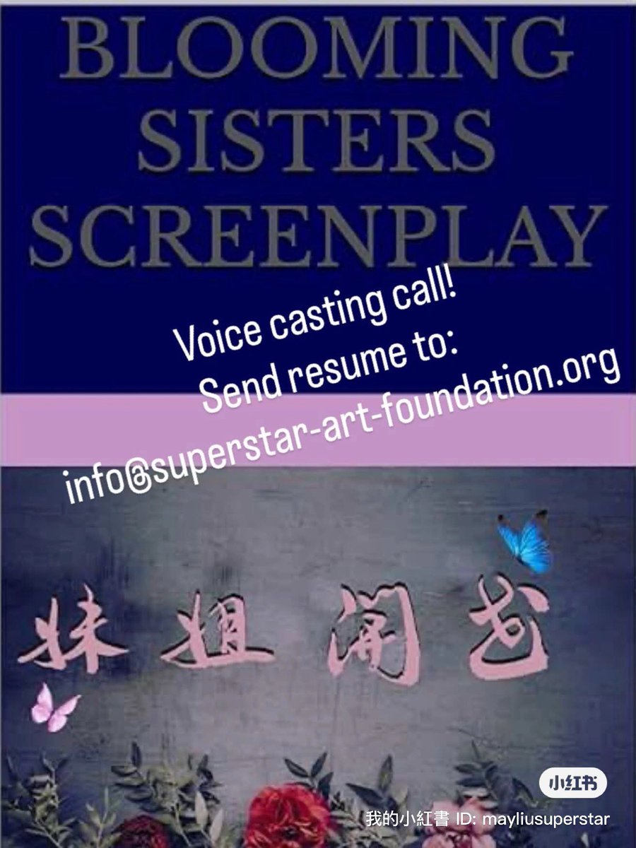 Superstar Art Foundation (@superstar_art) on Twitter photo Call for voice actors for movie Blooming Sisters, Chinese, English speakers, we offer credit in the movie, and free admission to join our screening event. Send your resume with voice audition file (1-2 minutes) to info@superstar-art-foundation.org withen this week. recording Call for voice actors for movie Blooming Sisters, Chinese, English speakers, we offer credit in the movie, and free admission to join our screening event. Send your resume with voice audition file (1-2 minutes) to info@superstar-art-foundation.org withen this week. recording