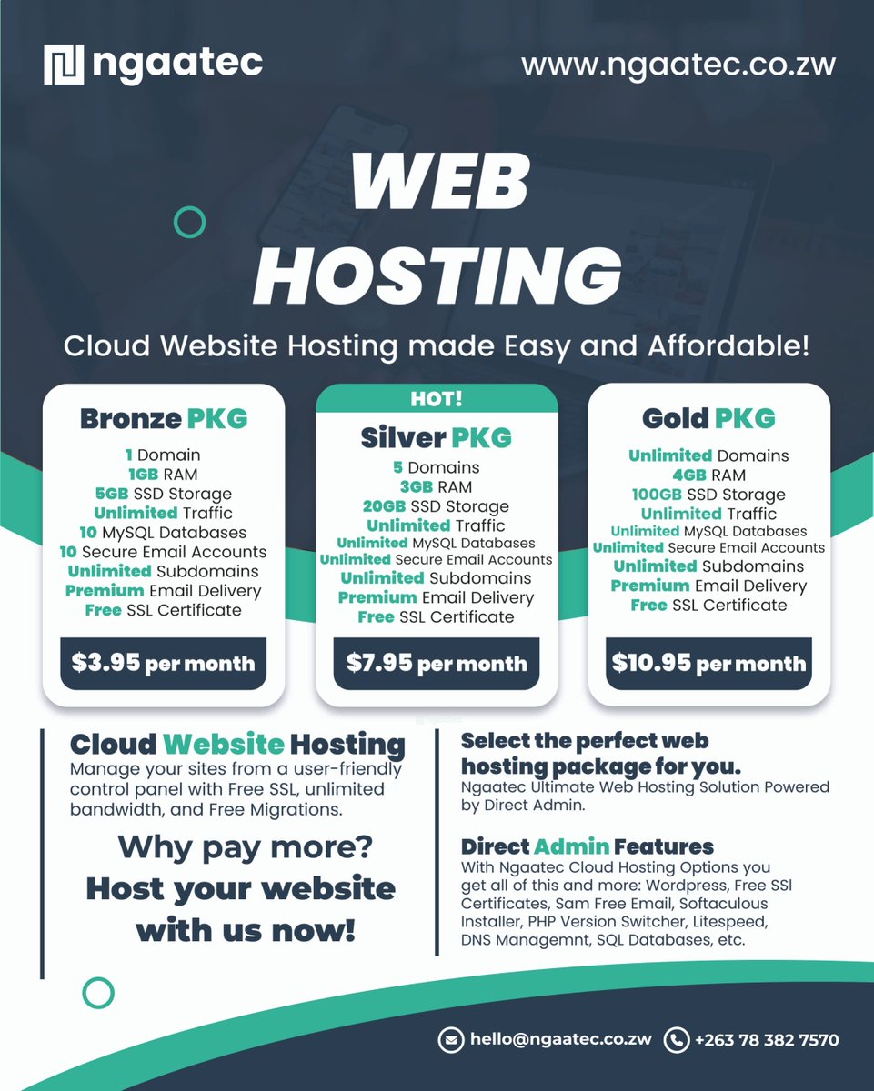 ngaatec's tweet image. We&apos;re offering affordable web hosting packages starting at just $3.95/month! Get reliable hosting for your website with our budget-friendly plans. Check out our options and find the perfect fit for you! 

Contact us on WhatsApp or call +263783827570 today! 💬☎️