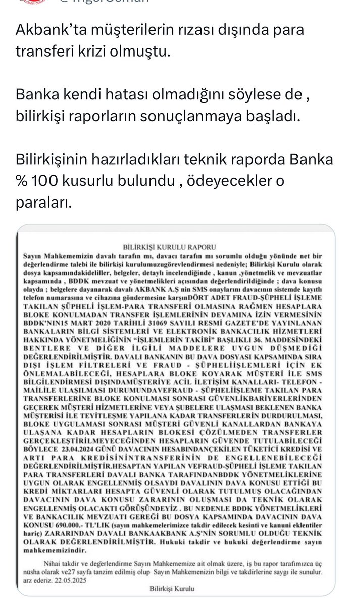 Sayın vekillerimiz <a href="/mvhasanozturk/">Hasan ÖZTÜRK</a> <a href="/elifesendeva/">Elif Esen</a> <a href="/M_Sarigul/">Mustafa Sarıgül</a> <a href="/gergerliogluof/">Ömer Faruk Gergerlioğlu</a> #akbankmagdurlari olayında bilirkişiler hep <a href="/Akbank/">Akbank</a> a ağır kusur verdiler bu toplumsal problemde vatandaşın probleminin çözümü için verdiğiniz destekten dolayı yürekten teşekkür ederim <a href="/aydinagaoglu/">Aydın Ağaoğlu (DM KAPALI)</a>