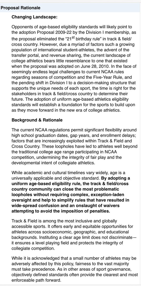 RITA GARY (@rgary2) on Twitter photo I submitted legislation to <a href="/USTFCCCA/">USTFCCCA</a> regarding common sense age restrictions in D1 TF/XC.
Simply: A student-athlete shall be charged with a season of competition during each 12-month period following their 20th birthday and prior to initial full-time enrollment.
Rationale β€΅οΈ I submitted legislation to <a href="/USTFCCCA/">USTFCCCA</a> regarding common sense age restrictions in D1 TF/XC.
Simply: A student-athlete shall be charged with a season of competition during each 12-month period following their 20th birthday and prior to initial full-time enrollment.
Rationale ‡οΈ