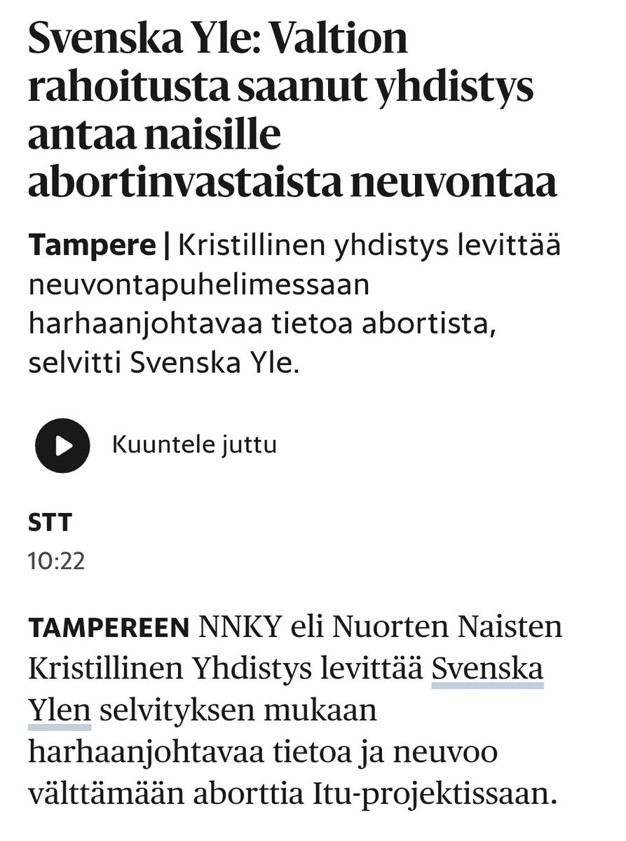 Lifflander's tweet image. Aivan häiriintynyttä uutisointia.
"Antaa abortinvastaista neuvontaa" = Kannustaa ja rohkaisee pitämään lapsen.
Eikö tätä juuri tarvita lisää? Rohkaisua ja kannustusta.
En voi ymmärtää, miten maailma on mennyt tällaiseen. Ja veronmaksajien YLE komppaa taustalla🤦♀️ Hyi olkoon.
