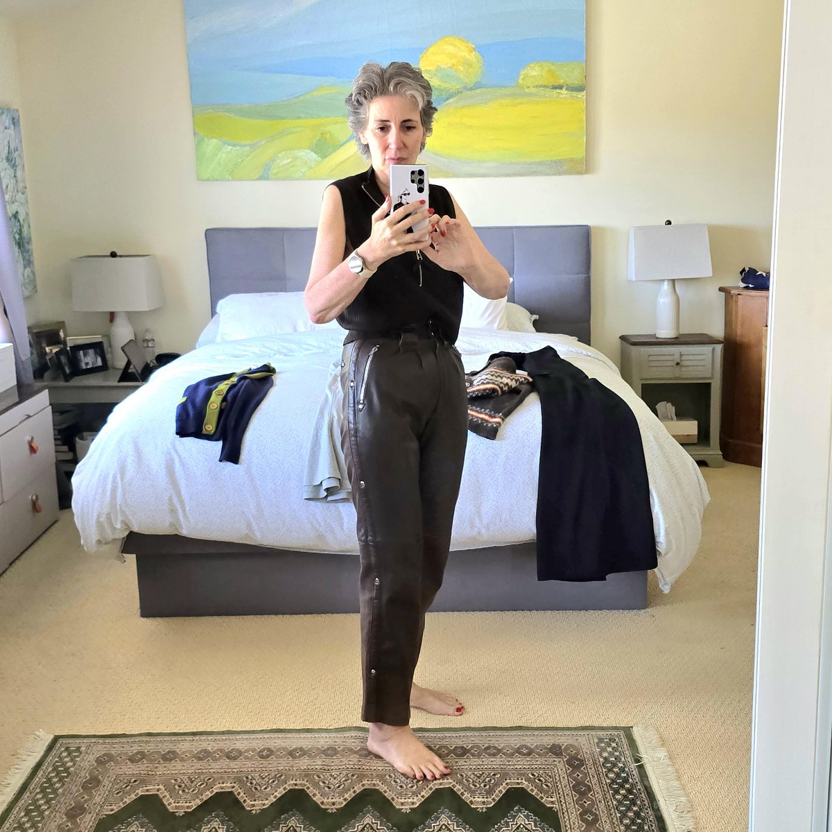 TeslaBoomerMama's tweet image. Finally time to try on some of my crazy finds. Not yet styled, and already blown away.
1. Thierry Mugler 90's Shirt Dress, unbelievable elegance.
2. Claude Montana 80s Leather High Waist Moto Pants, Collection Sample, One of a Kind w/ handwritten details on tag. Top Ungaro.