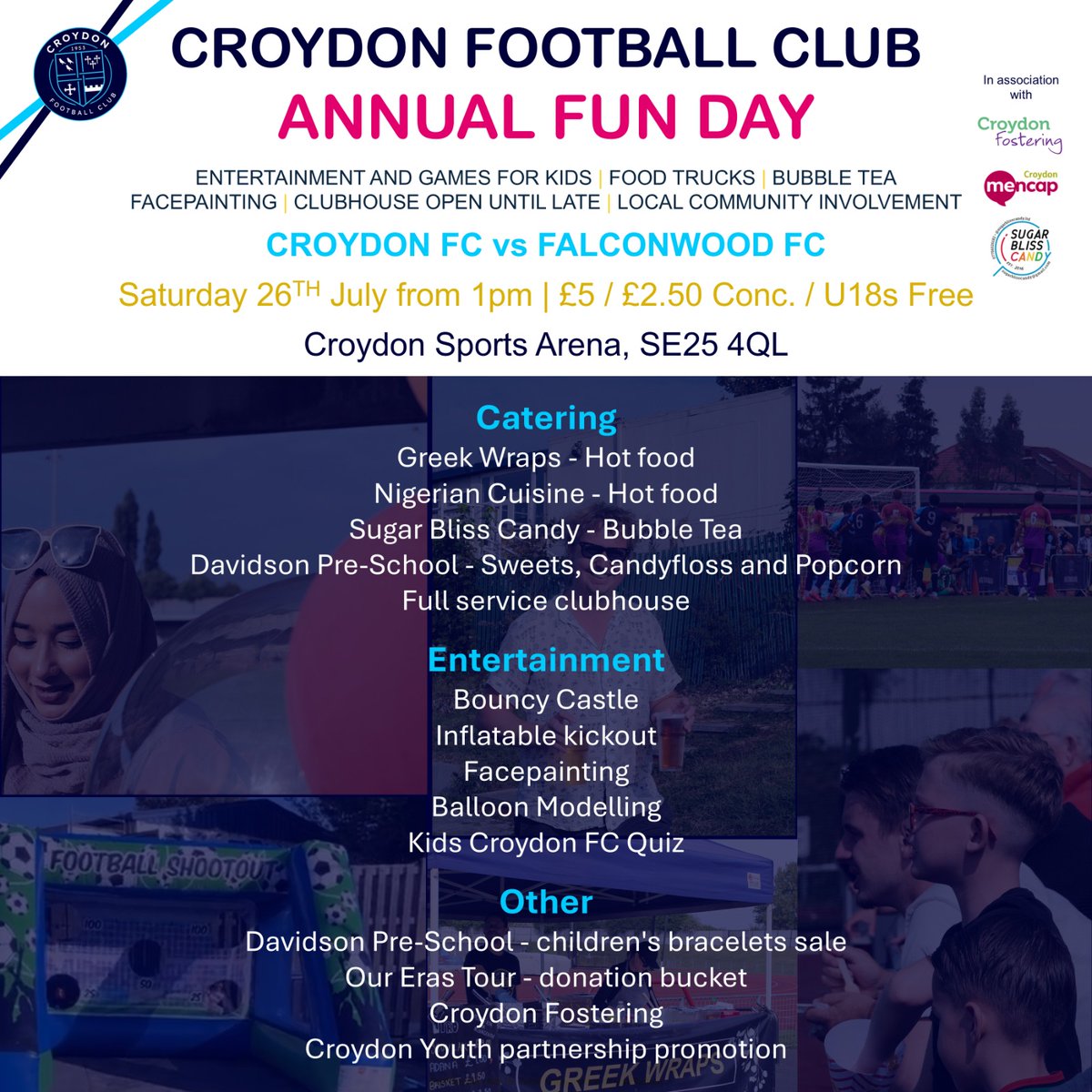 Here's what's coming up next Saturday at <a href="/Croydon_FC/">Croydon FC</a>'s Annual Fun Day that starts at 1pm at Croydon Sports Arena. There's also a friendly against <a href="/Falconwood_FC/">Falconwood Football Club</a> tat kicks off at 3pm. #upthetrams #COYT #wearecroydon #getonboard #dingding