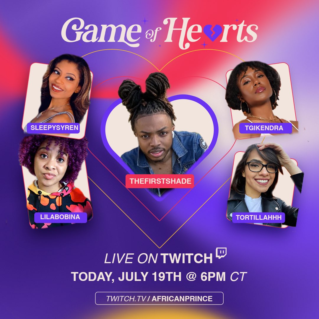 SHOW DAY today! Game of Hearts Episode 2 airs live on Twitch at 6pm CT / 7pm ET / 4pm PT. 

Tune in to see who matches!  Link below.

twitch.tv/africanprince