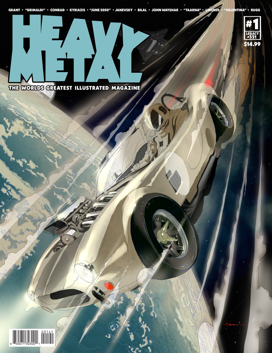 HeavyMetalInk's tweet image. Now available on the HM webstore- First Issue cover of Grimaldi whizzing down to Earth in a suped-up speedster--Art by Keron Grant @Kerongrantart shop.heavymetal.com/products/heavy…