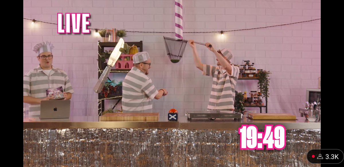 JacobPSabin's tweet image. It's that time again! It's day 1 of @SortedFood's #DoingThyme live weekend show! The boys are "locked" in the Culinary Rehabilitation And Penal facility &amp;amp; have a few challenges to rectify their past food crimes. (If possible...)
Up first is an "infinite" mystery ingredient drop!