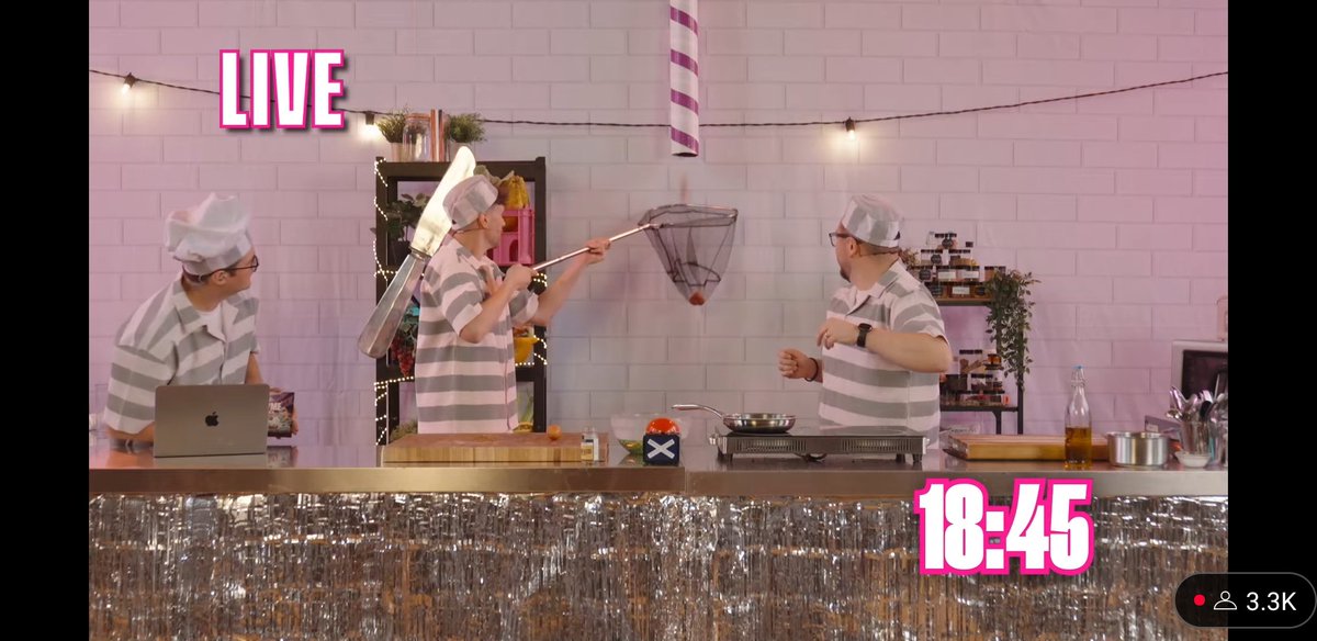 JacobPSabin's tweet image. It's that time again! It's day 1 of @SortedFood's #DoingThyme live weekend show! The boys are "locked" in the Culinary Rehabilitation And Penal facility &amp;amp; have a few challenges to rectify their past food crimes. (If possible...)
Up first is an "infinite" mystery ingredient drop!