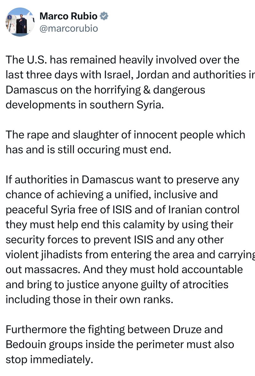 HibaNasr's tweet image. Very strong statement by @SecRubio from his personal account on #Syria:
If authorities in Damascus want to preserve any chance of achieving a unified, inclusive & peaceful Syria free of ISIS and of Iranian control they must help end this calamity by using their security forces…