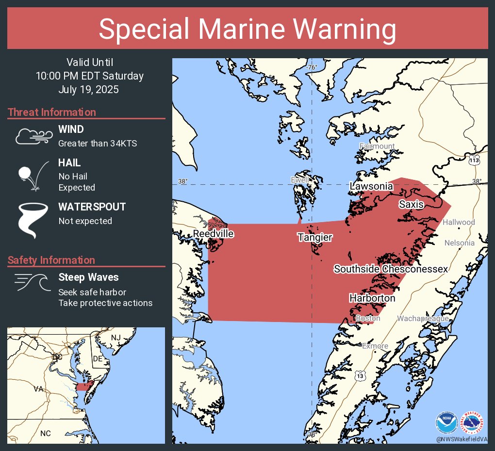 NWSWakefieldVA's tweet image. Special Marine Warning including the Chesapeake Bay from Smith Point to Windmill Point VA until 10:00 PM EDT