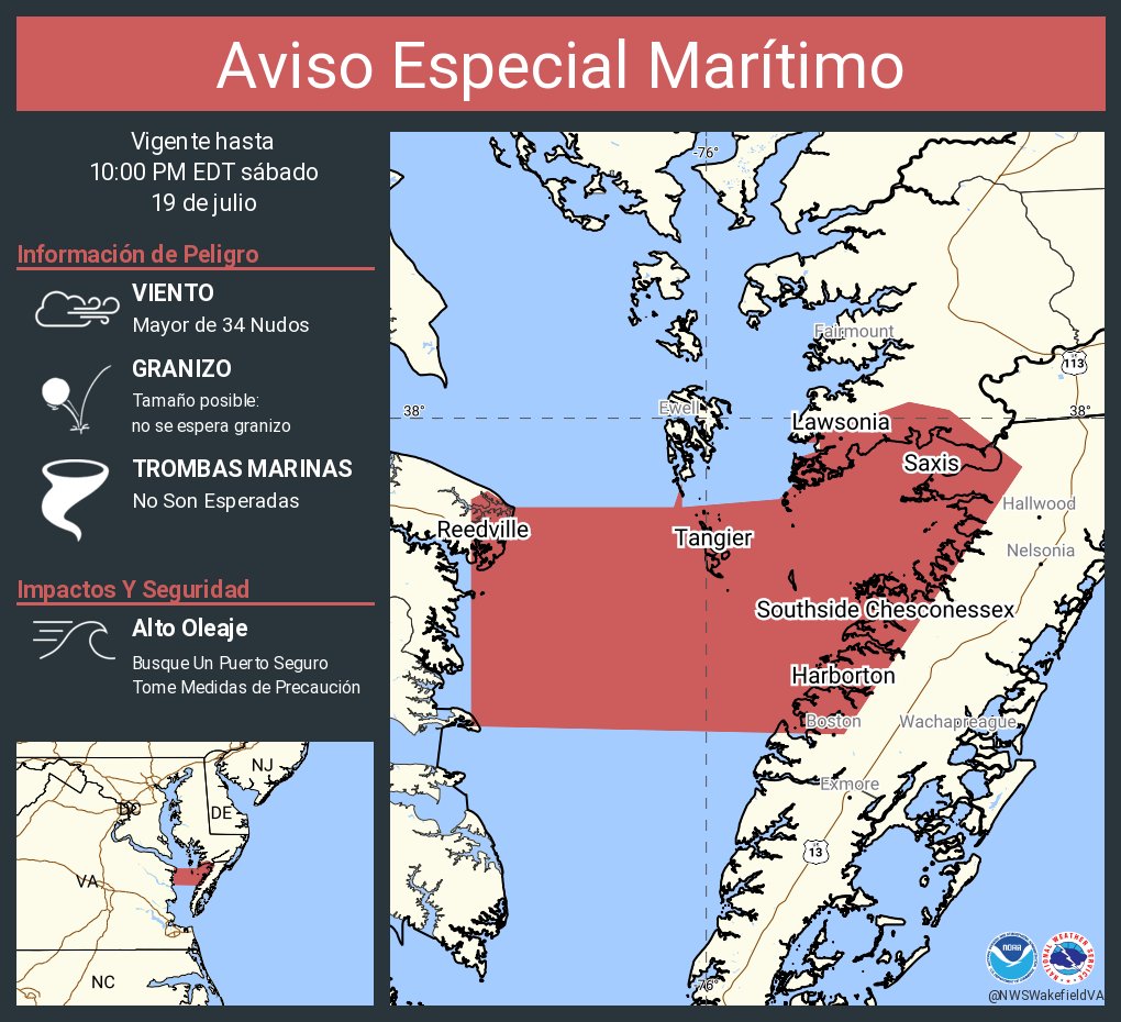NWSWakefieldVA's tweet image. Aviso Especial Marítimo incluye Bahía de Chesapeake desde Smith Point a Windmill Point VA hasta las 10:00 PM EDT