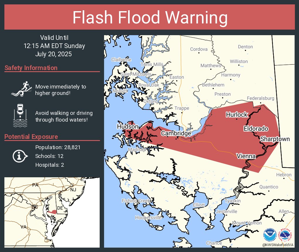 NWSWakefieldVA's tweet image. Flash Flood Warning including Cambridge MD, Hurlock MD and Sharptown MD until 12:15 AM EDT