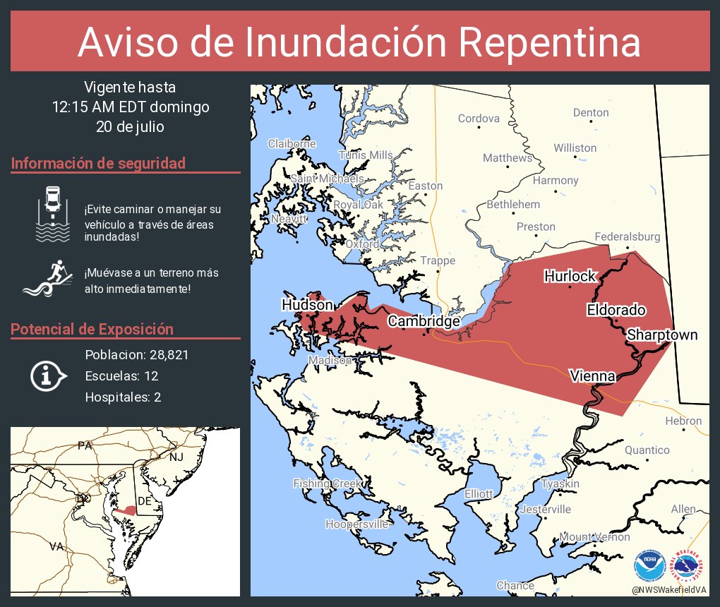 NWSWakefieldVA's tweet image. Aviso de Inundación Repentina incluye Cambridge MD, Hurlock MD, Sharptown MD hasta las 12:15 AM EDT