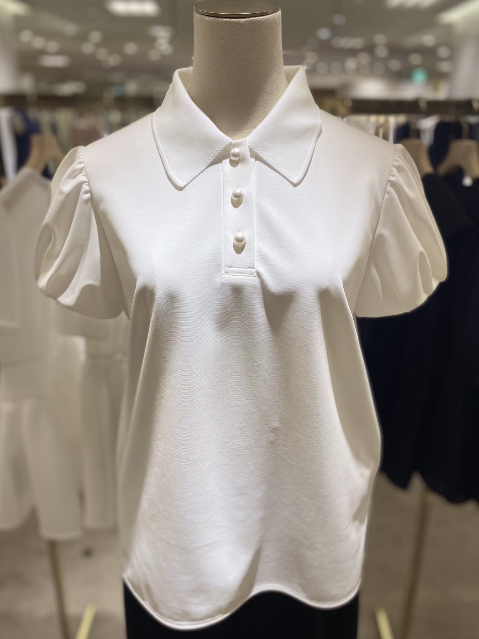今季m-premier ポンチデザインスリーブパールボタンポロシャツ ポンチデザインスリーブパールボタンポロシャツ(34P WHITE): M