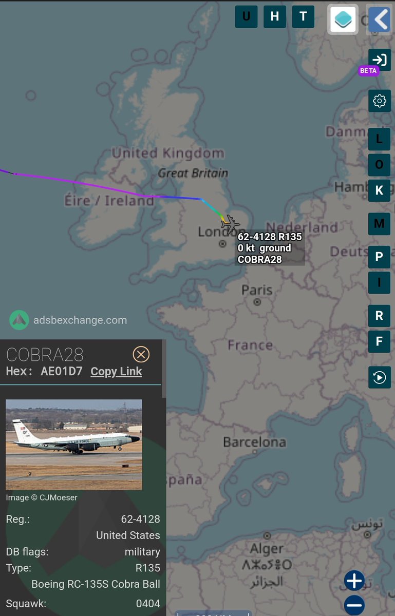 sipjack1776's tweet image. RC-135S Cobra Ball 🇺🇲
#AE01D7
62-4128/COBRA28 
Offutt&amp;gt;Mildenhall