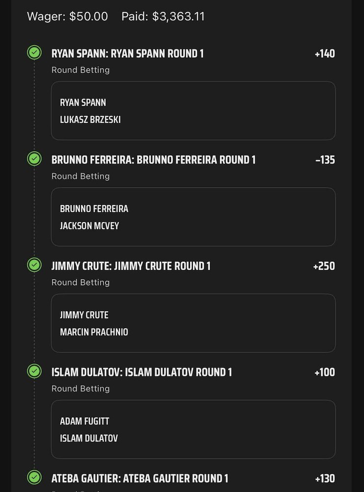 CPBetting's tweet image. Five Round 1 Finishes in UFC 318 flips $50 ➡️$3.3K 🤯
(via IG: Trenten_44 | @DKSportsbook)