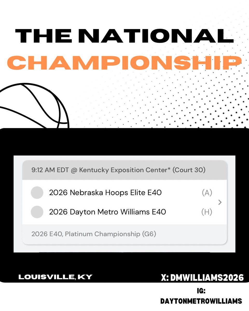 Dayton Metro Williams (@dmwilliams2026) on Twitter photo Come check us out tomorrow in the first round of bracket play!
Game 1: 9:12am, Court 30
#daytonmetrobasketball
<a href="/DayMetroHoops/">Dayton Metro Hoops</a> <a href="/Elite40League/">Elite 40 League</a> Come check us out tomorrow in the first round of bracket play!
Game 1: 9:12am, Court 30
#daytonmetrobasketball
<a href="/DayMetroHoops/">Dayton Metro Hoops</a> <a href="/Elite40League/">Elite 40 League</a>