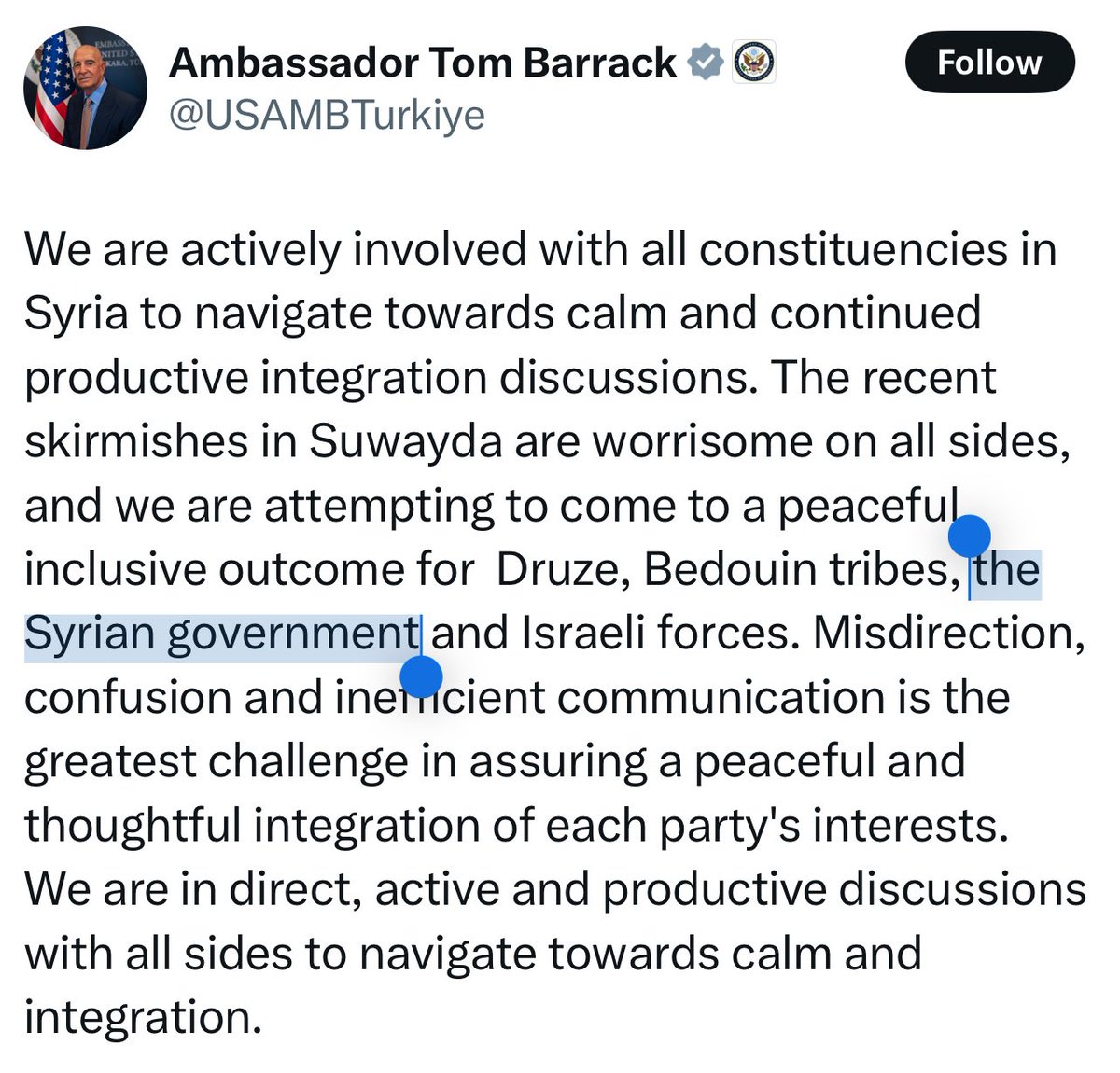 D_abdulkader's tweet image. Notice the language difference between our ambassador to Turkey and envoy to Syria who has cozied up to the Turkish government and Jolani the Jihadist in Damascus with that of Secretary of State Rubio.
Barrack recognizes Jolani as the “Syrian government” while Secretary Rubio…