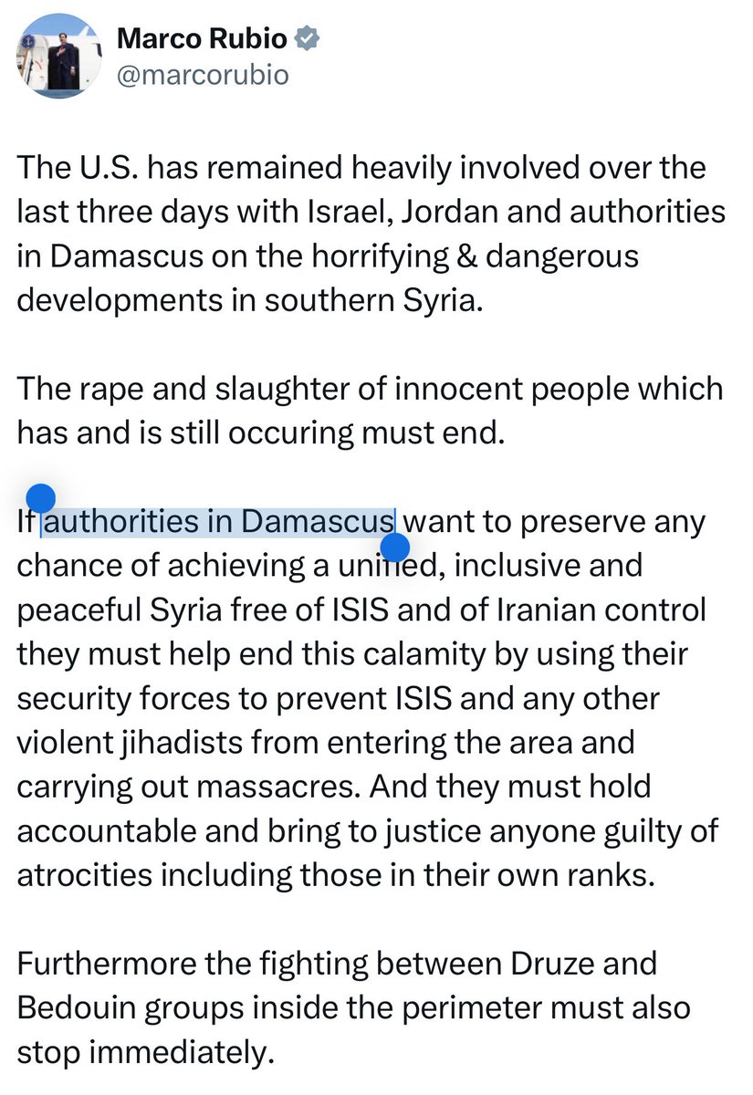 D_abdulkader's tweet image. Notice the language difference between our ambassador to Turkey and envoy to Syria who has cozied up to the Turkish government and Jolani the Jihadist in Damascus with that of Secretary of State Rubio.
Barrack recognizes Jolani as the “Syrian government” while Secretary Rubio…
