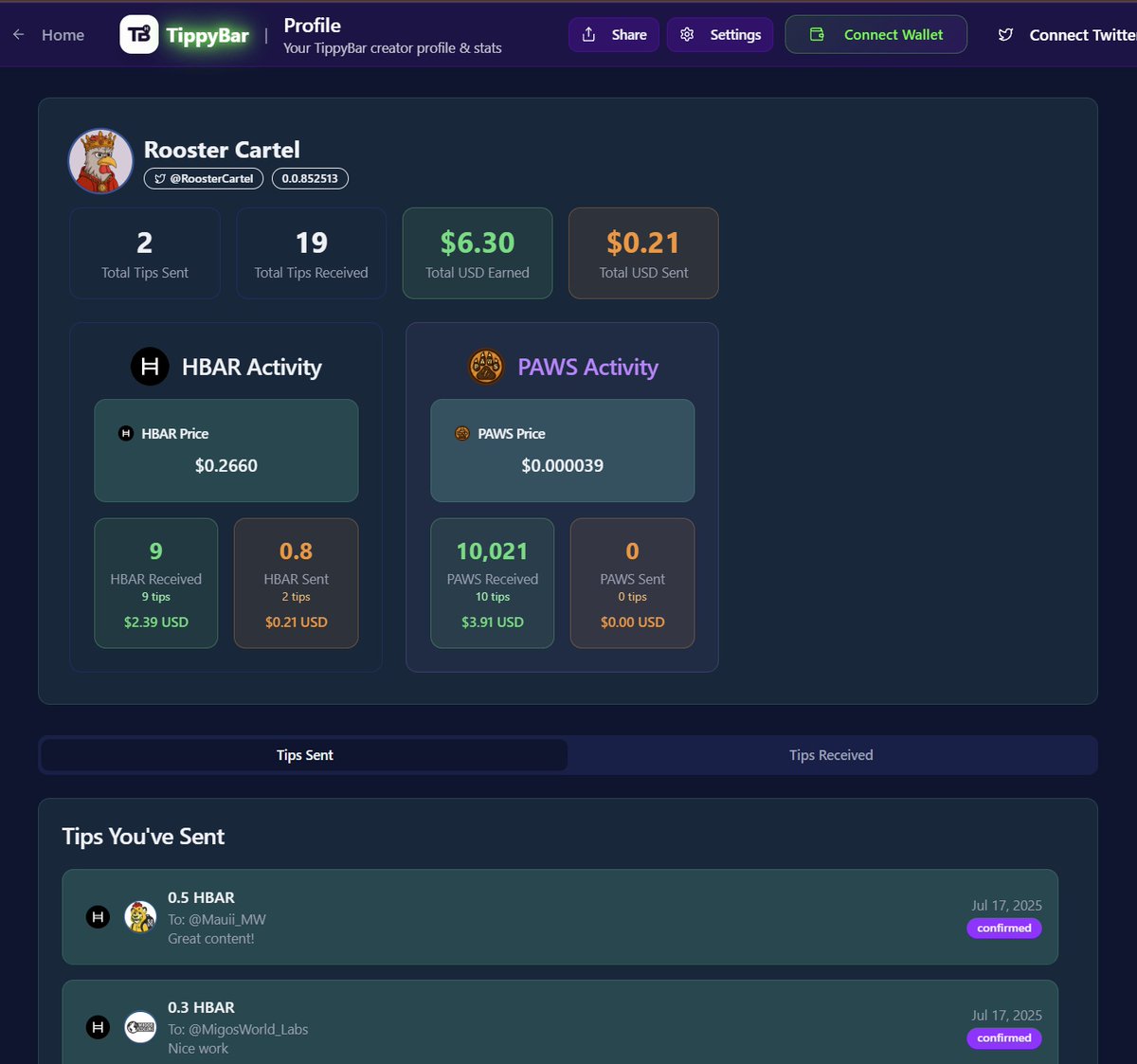 User/creator profile page 👇

What #Hedera HTS tokens would you tip your favorite creator with?
